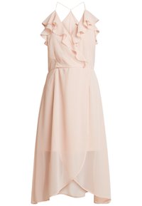 Ljusrosa klänning med rynkade axelband, v-ringning och en omlottkjol. Tillverkad av mjukt tyg med en lätt, flödande struktur.