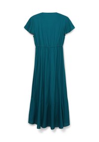 Türkises Maxikleid mit kurzen, schwingenden Ärmeln, gerafftem Taillenbereich und fließendem Saum. Weicher Stoff mit glatter Textur und einfachem Design.