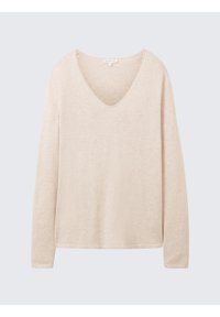 Haut à manches longues avec col en V de couleur beige clair, fabriqué à partir d'un tissu doux avec une apparence légèrement texturée et des bords nets.