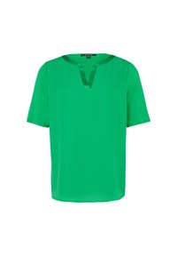 Green short-sleeve blouse with a V-neckline, made from a smooth fabric, featuring a lightweight design and subtle sheen.