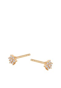 Złocone kolczyki w kształcie kwiatu z sześcioma przezroczystymi kryształkami osadzonymi w projekcie przypominającym płatki, z eleganckim zapięciem na sztyft.