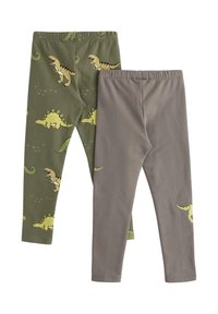 Dwie pary legginsów: jedna zielona z nadrukami dinozaurów, druga w jednolitym szarym kolorze. Obie mają elastyczne pasy i miękki, rozciągliwy materiał.