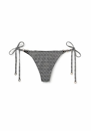 Black and white striped bikini bottom with adjustable ties, featuring metal hardware accents and a textured fabric design.