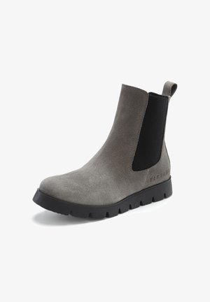Gray suede Chelsea boot with elastic side panels, pull tab, and a textured black rubber sole. Clean lines and a sleek silhouette.