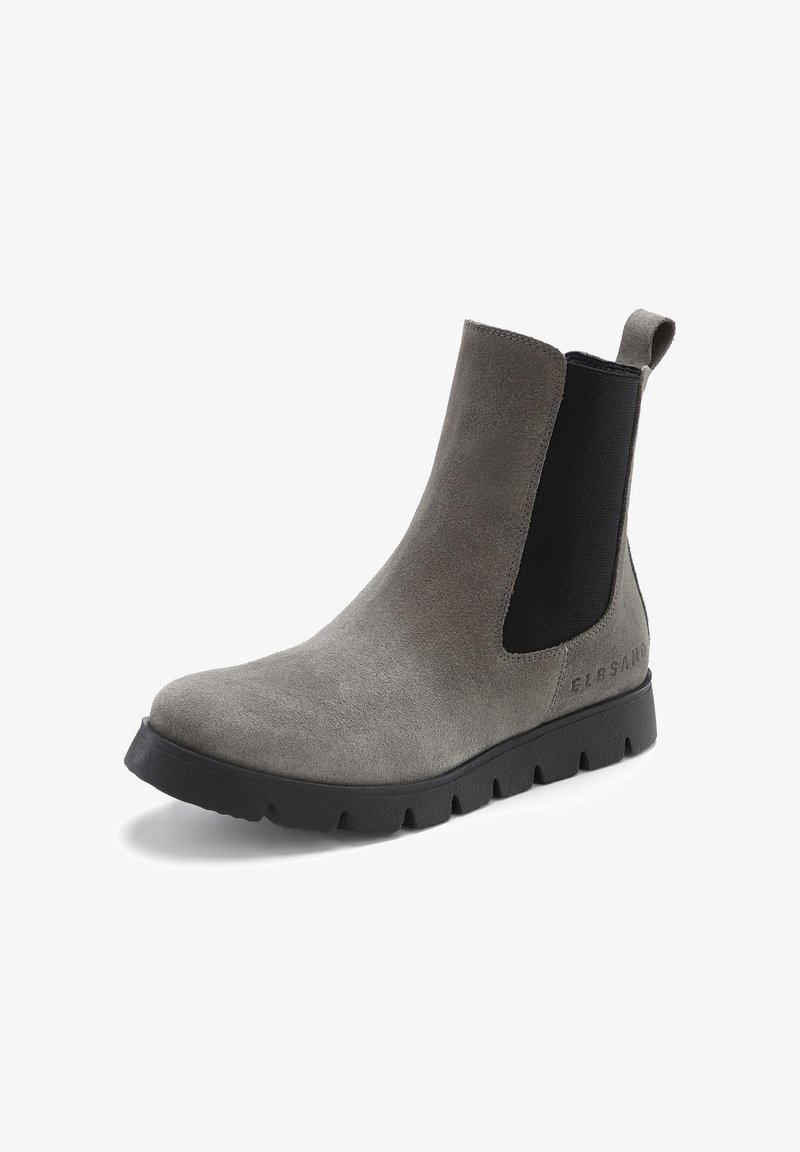Gray suede Chelsea boot with elastic side panels, pull tab, and a textured black rubber sole. Clean lines and a sleek silhouette.