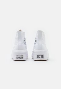 Basket high-top en toile blanche avec semelle en caoutchouc, dotées d'un patch logo circulaire et de la marque "CONVERSE ALL☆STAR" sur le talon.