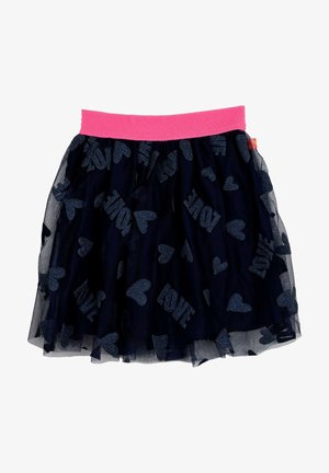 Gonna in tulle blu navy con cuori scintillanti e motivi "LOVE", con una fascia elastica rosa testurizzata in vita. Design a strati e svasato.