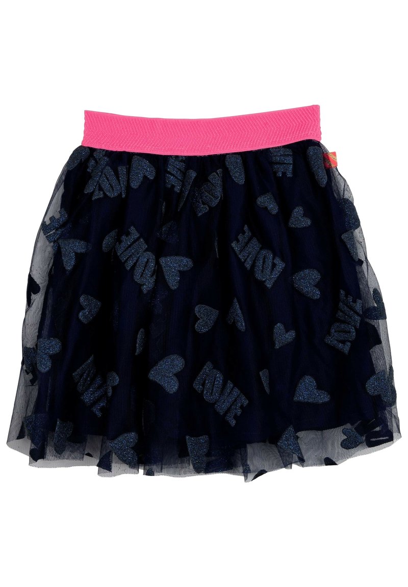 Granatowa spódnica z tiulu z połyskującymi wzorami serca i napisem "LOVE", posiadająca teksturowaną różową elastyczną talię. Warstwowy i rozkloszowany fason.