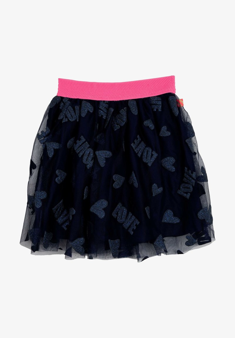 Granatowa spódnica z tiulu z połyskującymi wzorami serca i napisem "LOVE", posiadająca teksturowaną różową elastyczną talię. Warstwowy i rozkloszowany fason.