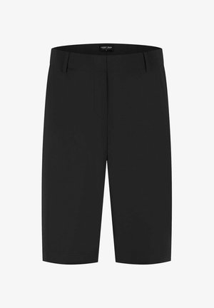 Zwarte, op maat gemaakte shorts tot op de knie met riemlussen en een vlakke voorkant, gelabeld als Lady Day collectie.