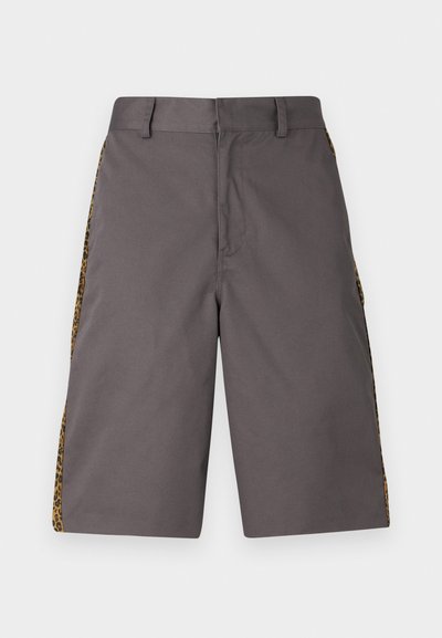 Gray shorts made of a smooth fabric, featuring side leopard print panels, with a flat front and standard waistband.