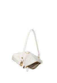 Borsa bianca con lati texturizzati, parte superiore liscia, manico lungo e hardware dorato. Chiusura con zip e tasca interna.