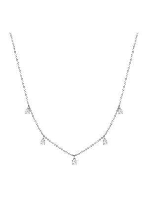 Collana in argento con cinque accenti in cristallo trasparente, ognuno a forma di goccia, equamente distanziati lungo la catena.