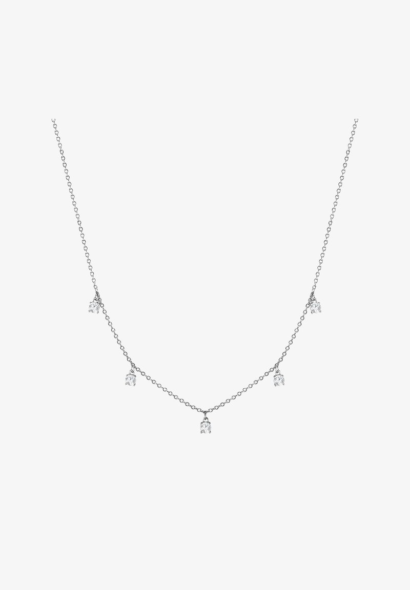 Hõbedane kaelakee, millel on viis selget kristalliaktsenti, millest igaühel on tilga kuju ja mis on ühtlaselt jaotatud kaelakee ulatuses.