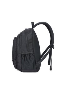 Zaino nero dalla forma arrotondata, realizzato in nylon texturizzato. Presenta spallacci imbottiti, scomparti con zip e tasche in rete.