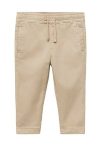 Pantaloni dintr-un amestec de bumbac bej, cu talie elastică, închidere cu șnur și două buzunare laterale; design cu picioare conice și tivuri cusute.