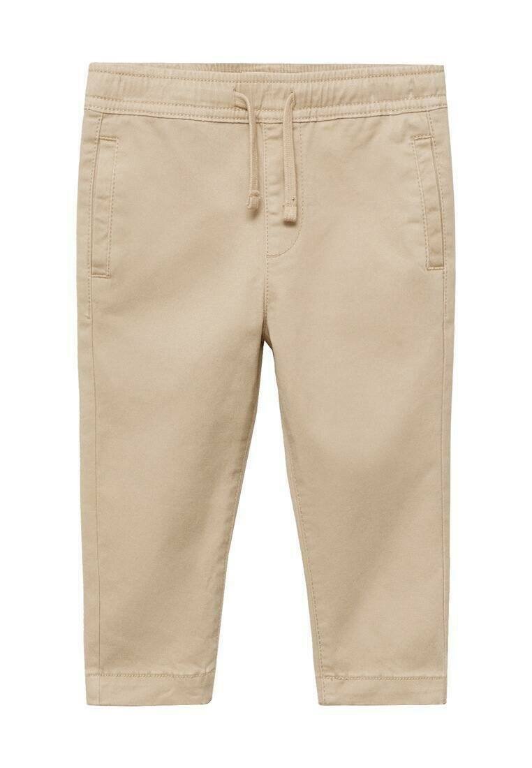 Pantaloni dintr-un amestec de bumbac bej, cu talie elastică, închidere cu șnur și două buzunare laterale; design cu picioare conice și tivuri cusute.