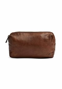 Borsa per articoli da toeletta in pelle marrone con una texture liscia, forma rettangolare e chiusura con zip sulla parte superiore; presenta un logo discreto sul lato.