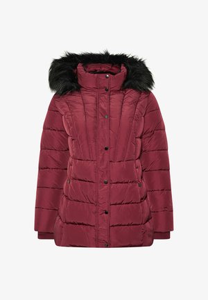 Burgunderfarbener Puffer-Jacke mit einer gefütterten Kapuze aus schwarzem Pelz, gestepptem Design, Druckknopfverschlüssen und langen Ärmeln. Weiche Textur mit glatter Oberfläche.