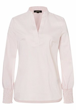 Light pink blouse with vertical white stripes, smocked cuffs, and a half-placket neckline. Made from a smooth, lightweight fabric.