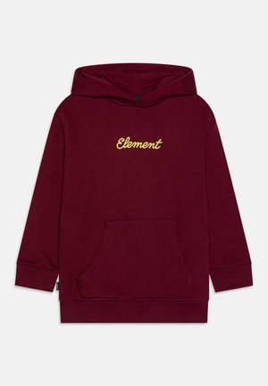 Sweat à capuche bordeaux avec poche kangourou à l'avant et logo "Element" jaune centré sur la poitrine, manches longues, poignets et ourlet côtelés.