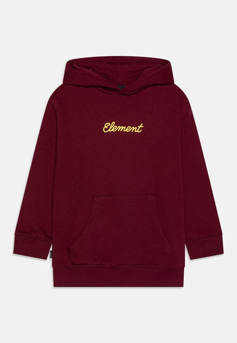 Sweat à capuche bordeaux avec poche kangourou à l'avant et logo "Element" jaune centré sur la poitrine, manches longues, poignets et ourlet côtelés.