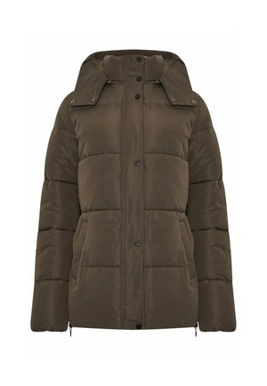 Braune Pufferjacke mit Kapuze, ausgestattet mit einem gesteppten Design, Druckknöpfen und seitlichen Taschen. Glatte Textur, leicht glänzendes Finish.