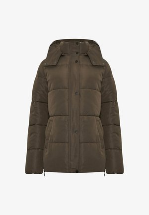 Brun pufferjacka med huva, med ett quiltat mönster, tryckknappar och sidofickor. Slät textur, något glänsande yta.