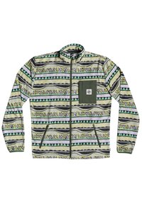 Chaqueta de forro polar con cierre delantero, con un diseño a rayas en verde, lavanda y negro. Presenta un bolsillo en el pecho y dos bolsillos laterales con cremallera.