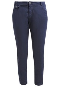 Marinblå chinos med slim fit, tillverkade av mjukt bomullstyg. Har knappstängning fram och sidofickor. Slät textur, utan mönster.