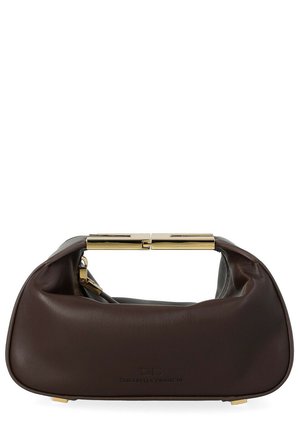 Sac à main en cuir marron foncé avec poignée supérieure et fermoir en métal doré, embossé du logo Elisabetta Franchi à l'avant.