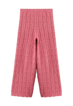 Pantalon large en maille rose avec un motif en losanges et feuilles festonné sur tout le tissu.