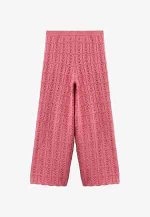 Pantalon large en maille rose avec un motif en losanges et feuilles festonné sur tout le tissu.