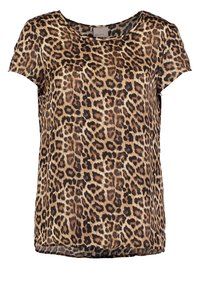 Krátký rukáv top z lehkého materiálu s leopardím potiskem v odstínech hnědé a černé. Kulatý výstřih, volný střih.