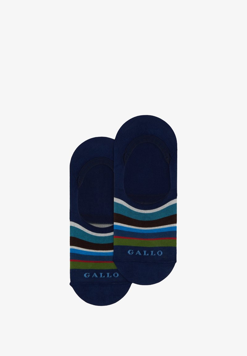 Calzini blu navy con un motivo a onde nelle tonalità di blu, verde, marrone e bordeaux. Presentano un logo "GALLO" in blu vicino alla punta.