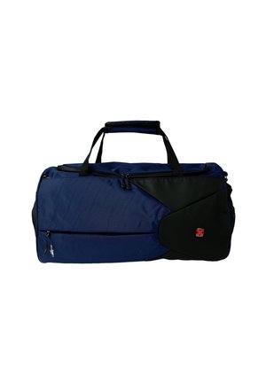 Sac de voyage marine en tissu durable avec un accent noir. Il dispose de poignées doubles, d'une fermeture éclair et d'une poche à l'avant avec un logo.