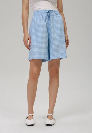 Shorts en vichy bleu avec une taille élastique et un cordon de serrage. Tissu léger, longueur genou, avec une coupe décontractée.