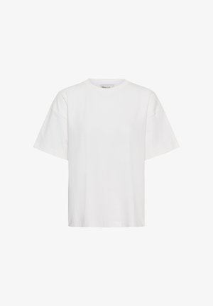 Enostavna bela bombažna majica kratkih rokavov z okroglim izrezom in sproščenim krojem, prikazana na belem ozadju.