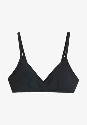 Bralette nera con spalline sottili regolabili, design a scollo a V, struttura senza cuciture e tessuto morbido. Presenta un dettaglio di cucitura bicolore.