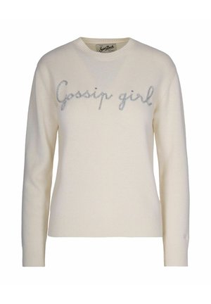 Maglione avorio con maniche lunghe e scollo tondo, caratterizzato da un ricamo di testo metallico argentato "Gossip girl" sulla parte anteriore. Texture morbida.