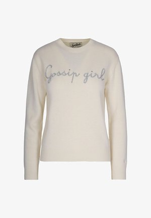 Maglione avorio con maniche lunghe e scollo tondo, caratterizzato da un ricamo di testo metallico argentato "Gossip girl" sulla parte anteriore. Texture morbida.