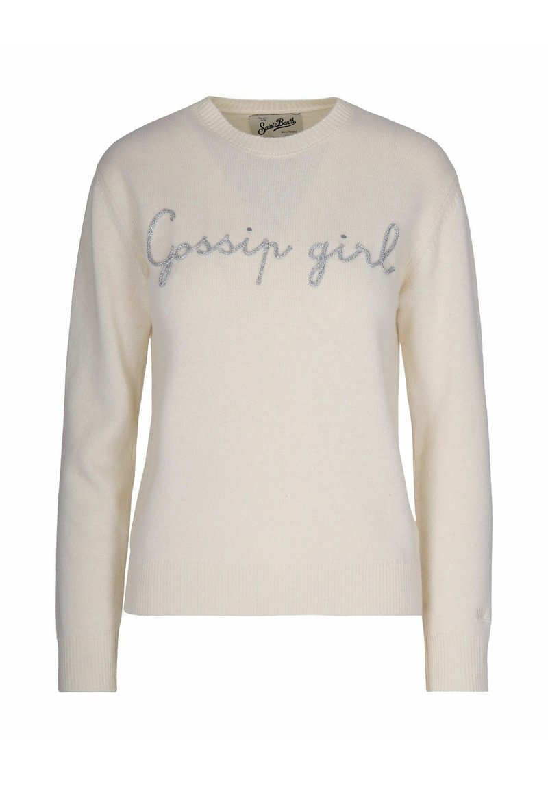 Maglione avorio con maniche lunghe e scollo tondo, caratterizzato da un ricamo di testo metallico argentato "Gossip girl" sulla parte anteriore. Texture morbida.