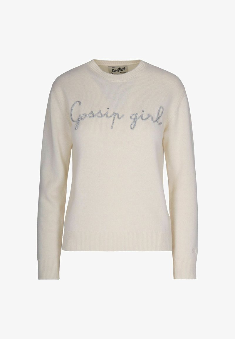 Maglione avorio con maniche lunghe e scollo tondo, caratterizzato da un ricamo di testo metallico argentato "Gossip girl" sulla parte anteriore. Texture morbida.