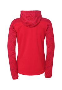 Red jacket with a hood, featuring a textured pattern on the shoulders and sleeves. Smooth fabric with elastic cuffs.