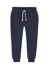 Marineblaue Jogginghosen aus Baumwolle mit elastischem Bund und grauem Zugband, mit gerippten Bündchen und Seitentaschen.