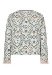 Ilgomis rankovėmis megztinis su sudėtingais simetriškais gėlių ir geometriniais raštais žalia, oranžine, rožine ir mėlyna spalvomis ant šviesaus fono.