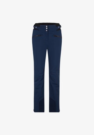 Pantaloni da sci blu navy realizzati in tessuto resistente, con vita aderente dotata di un elastico nero, tasche con zip e rinforzi sulle ginocchia.