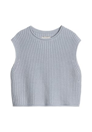 Light blue knitted sleeveless crop top with a round neckline and textured waffle pattern, label visible inside collar.