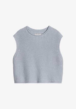 Lichtblauw gebreid mouwloos cropped topje met een ronde hals en een gestructureerd wafelpatroon, label zichtbaar aan de binnenkant van de kraag.