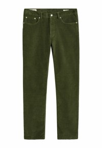 Pantalones de pana verde oliva con cierre de botón y cremallera, trabillas para cinturón, bolsillos frontales y corte recto sobre un fondo blanco.